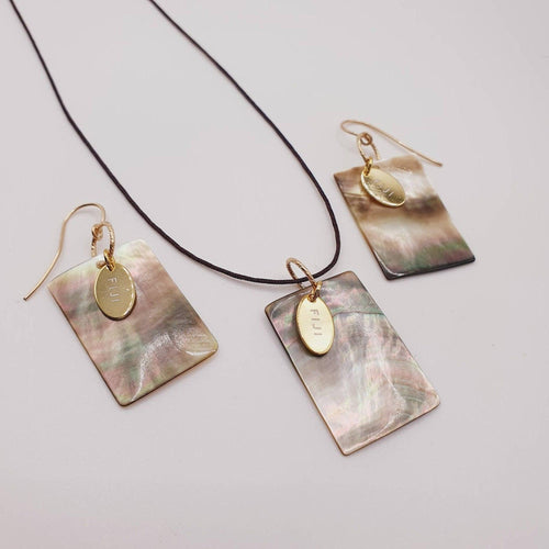 READY TO SHIP Carved Oyster Shell Geometric Earrings and Necklace Set - Wax Cord & 14k Gold Fill FJD$ - Adorn Pacific - Jewelry Sets