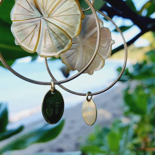 READY TO SHIP Carved Oyster Shell Hibiscus Earrings with Fiji Tags - 14k Gold Fill FJD$ - Adorn Pacific - Earrings