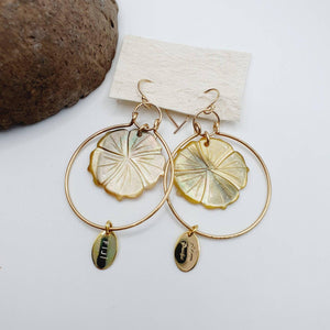 READY TO SHIP Carved Oyster Shell Hibiscus Earrings with Fiji Tags - 14k Gold Fill FJD$ - Adorn Pacific - Earrings