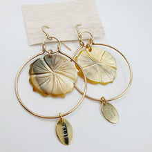 Load image into Gallery viewer, READY TO SHIP Carved Oyster Shell Hibiscus Earrings with Fiji Tags - 14k Gold Fill FJD$ - Adorn Pacific - Earrings
