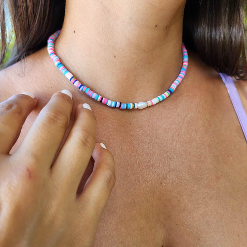 READY TO SHIP Colourful Polymer Clay Bead & Freshwater Pearl Choker Necklace - 14k Gold Fill or 925 Sterling Silver FJD$ - Adorn Pacific - Earrings