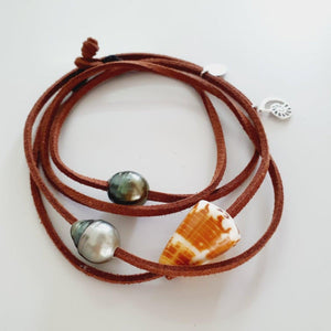 READY TO SHIP Fiji Pearl & Nautilus Charm Faux Suede Leather Multi-way Bracelet / Necklace - FJD$ - Adorn Pacific - All Products