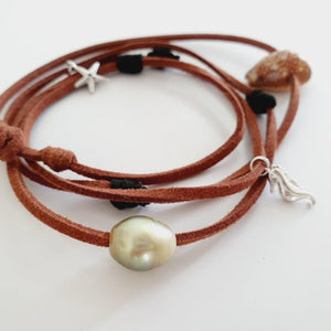 READY TO SHIP Fiji Pearl, Starfish & Seahorse Charm Faux Suede Leather Multi-way Bracelet / Necklace - FJD$ - Adorn Pacific - All Products