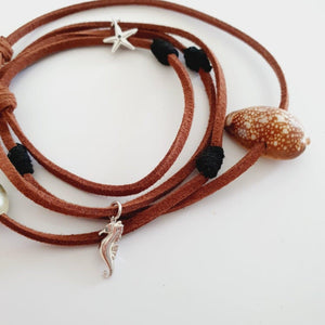 READY TO SHIP Fiji Pearl, Starfish & Seahorse Charm Faux Suede Leather Multi-way Bracelet / Necklace - FJD$ - Adorn Pacific - All Products
