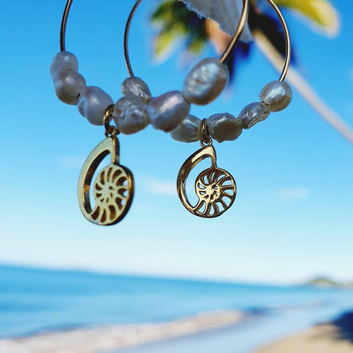 CONTACT US TO RECREATE THIS SOLD OUT STYLE Freshwater Pearl Hoop Earrings with Nautilus Charms - 14k Gold Fill FJD$ - Adorn Pacific - 
