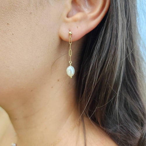 READY TO SHIP - Freshwater Pearl Stud Earrings with Chain Detail - 14k Gold Fill FJD$ - Adorn Pacific - Earrings