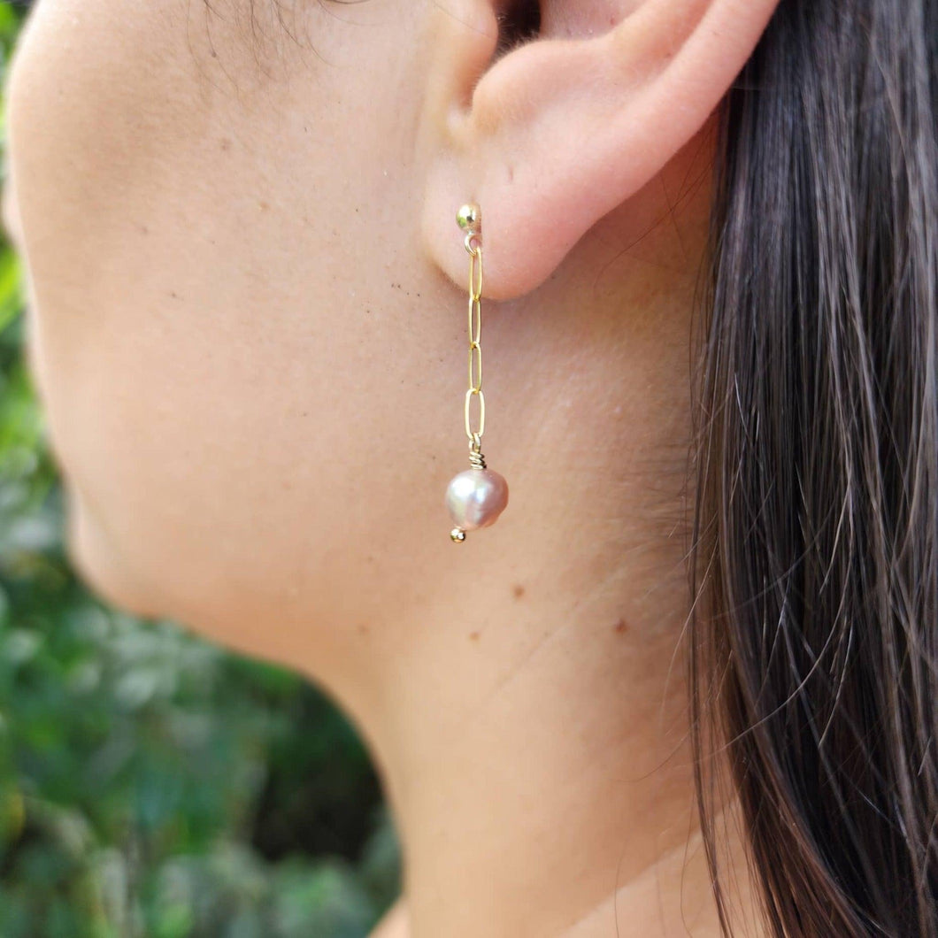 READY TO SHIP - Freshwater Pearl Stud Earrings with Chain Detail - 14k Gold Fill FJD$ - Adorn Pacific - Earrings