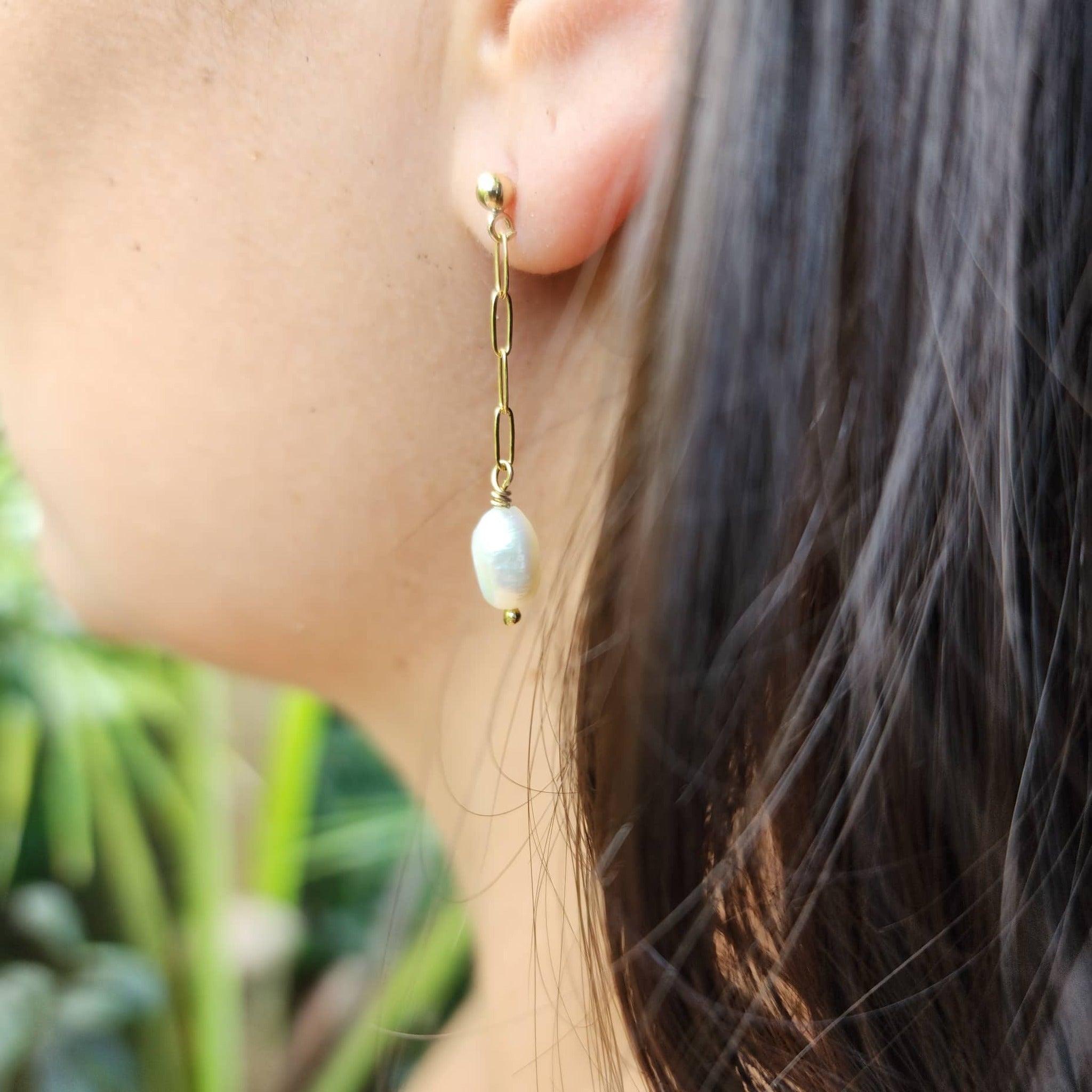 READY TO SHIP - Freshwater Pearl Stud Earrings with Chain