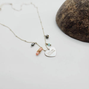 READY TO SHIP Heart Charm Necklace with Coral, Glass Bead and Keshi Pearl detail in 925 Sterling Silver - FJD$ - Adorn Pacific - All Products