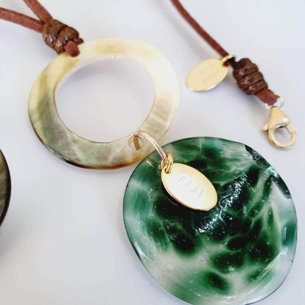 READY TO SHIP Hot Glass & Mother of Pearl Necklace - 14k Gold Fill & Brown Faux Suede FJD$ - Adorn Pacific - Necklaces