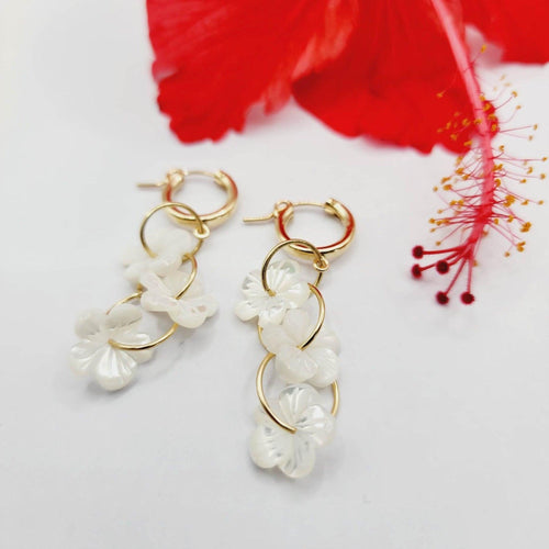 CONTACT US TO RECREATE THIS SOLD OUT STYLE Huggie Drop Earrings with Mother of Pearl Flowers - 14k Gold Fill FJD$ - Adorn Pacific - Earrings