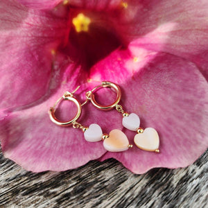 READY TO SHIP Huggie Drop Earrings with Mother of Pearl Heart Charms - 14k Gold Fill FJD$ - Adorn Pacific - Earrings