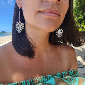 CONTACT US TO RECREATE THIS SOLD OUT STYLE Monstera Carved Mother of Pearl Shell Earrings - 925 Sterling Silver FJD$ - Adorn Pacific - All Products