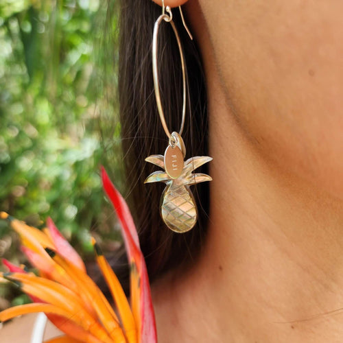 READY TO SHIP Pineapple Carved Mother of Pearl Shell Earrings - 925 Sterling Silver FJD$ - Adorn Pacific - All Products