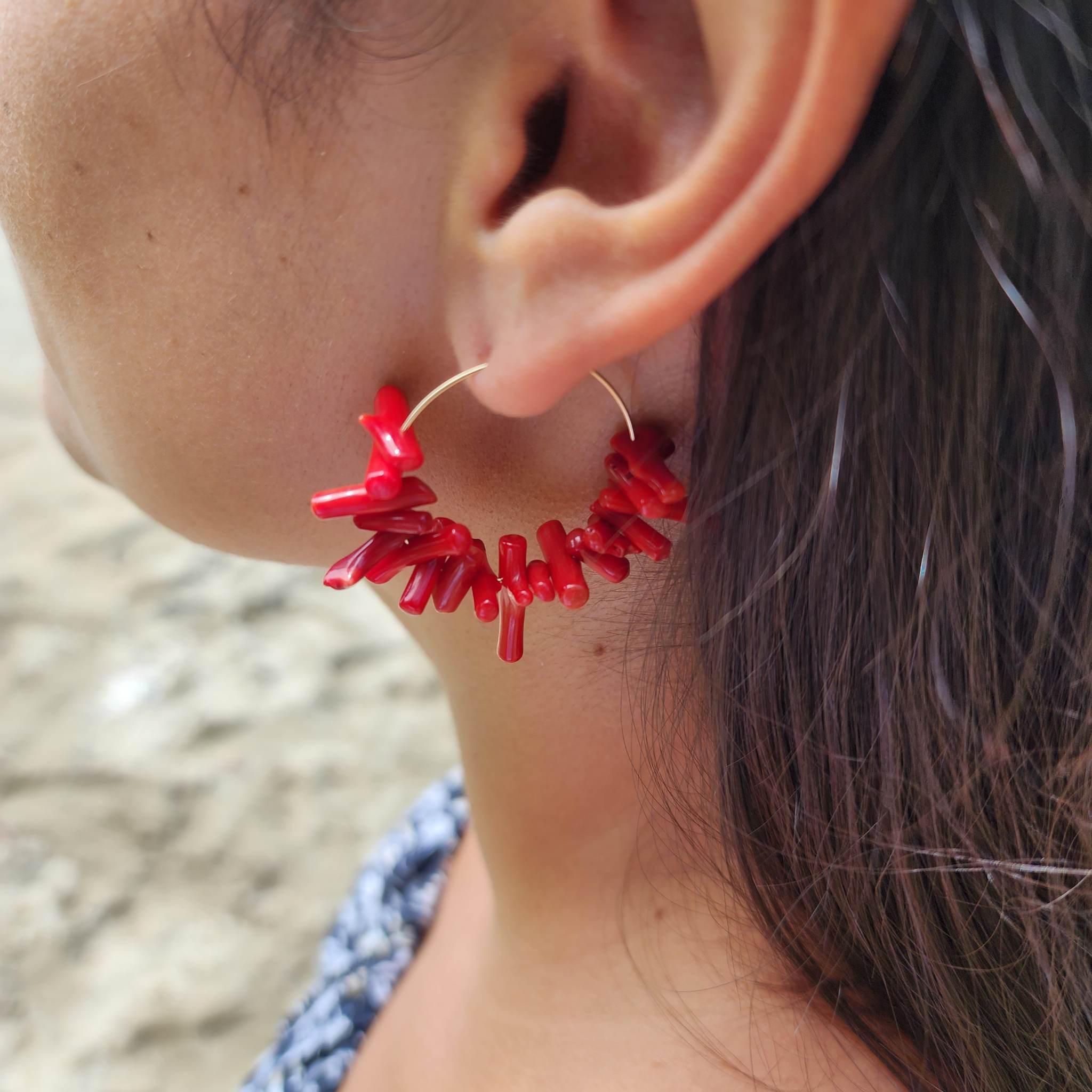 Natural 30mm Red Coral 925 Silver Hoop Dangle Earrings – Screw Back, Handmade, Nickel-Free
