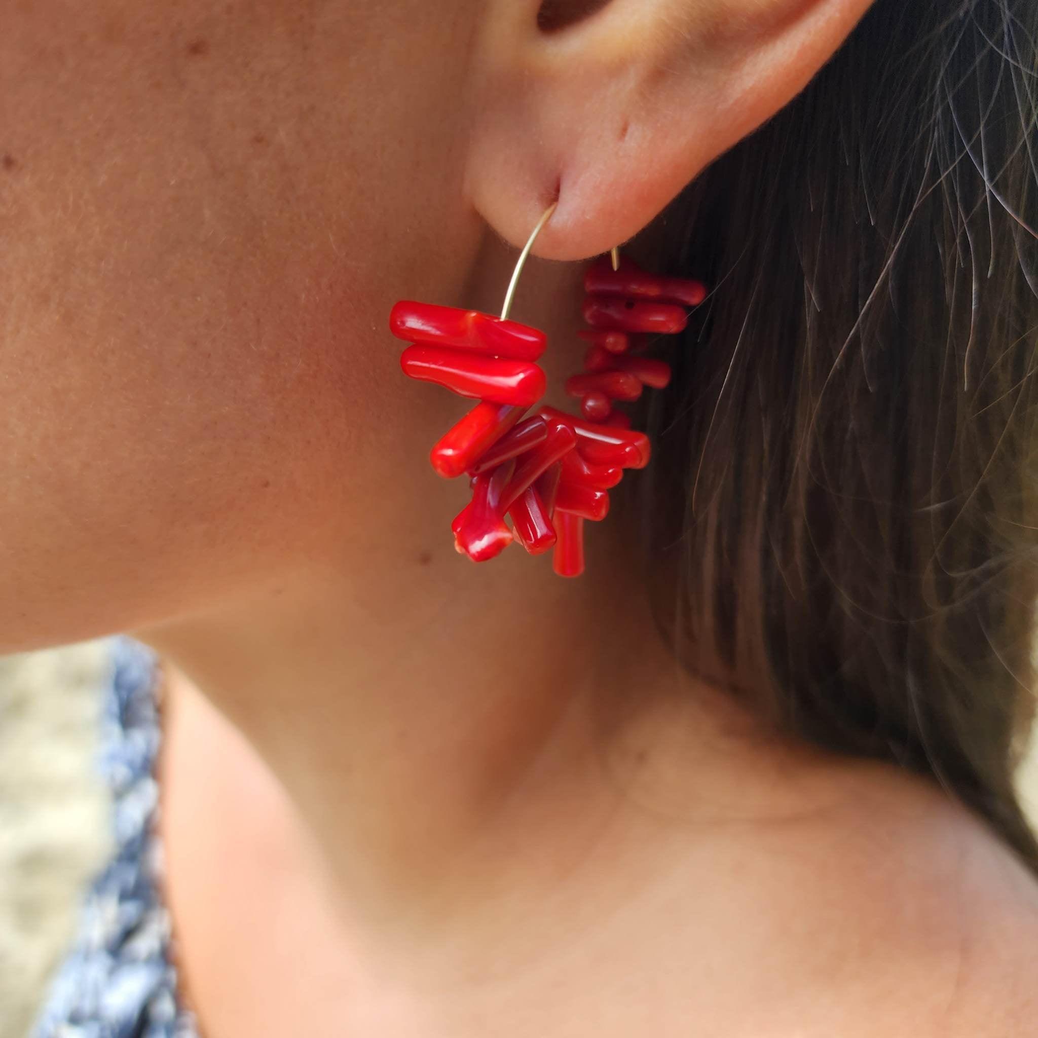 READY TO SHIP Red Coral Hoop Earrings 14k Gold Fill or 925 Sterling Silver FJD
